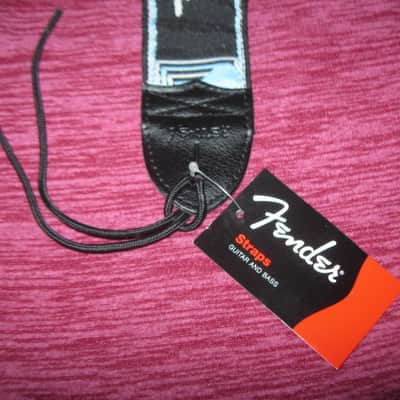 new with tags genuine Fender 2" Monogrammed Guitar Strap Black, Light Gray, and Light Blue - Fender part number: 099-0681-502, Fully adjustable length (39"-72") Woven Fender logo and guitar headstock design, polyester backing, black leather ends image 10