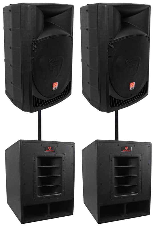 (2) Rockville RPG15 15" Powered 1000W DJ/PA Speakers+(2) 15" Subwoofers+Poles image 1