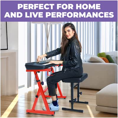 Liquid Stands Red Piano Keyboard Stand and Bench Set - For 54-88 Key Electric Pianos - Sturdy Keyboard Music Stand and Seat image 6