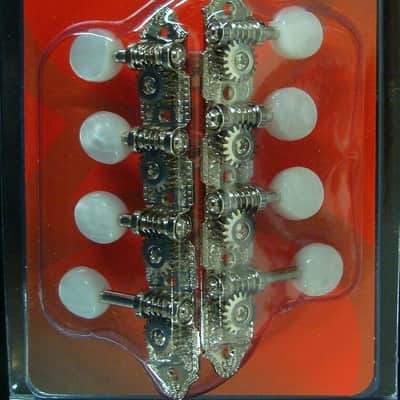 Grover Vintage Style F Professional Mandolin Machine Heads 4 per side Nickel w/ Pearloid Buttons image 4
