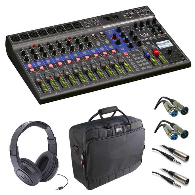 Zoom LiveTrak L-12 12-Channel Digital Mixer/Recorder with StreamEye Cans50 Professional Studio Headphones, Padded Mixer Bag, 2x XLR-TRS Cables & 2x XLR Cables image 1