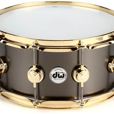 DW Collector's Series Metal Snare Drum 6.5 x 14-inch - Satin Black Over Brass - Gold Hardware image 1
