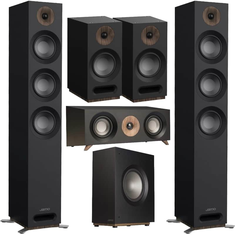 Jamo S 809 5.1 Home Theater Speaker System Bundle with Floorstanding, Bookshelf, Center & Subwoofer \u2013 Dolby Atmos Ready, 240W Front Speakers, 10\u201D Sub, Magnetic Grilles image 1