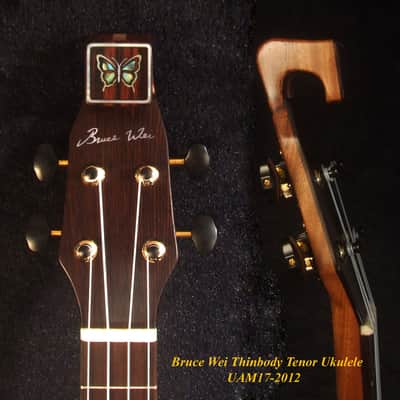 Handmade Thin Body Tenor Ukulele, Solid Mango, Walnut, ArchBack, Abalone MOP Inlay, Soft-bag, Bruce Wei UAM17-2012 image 2