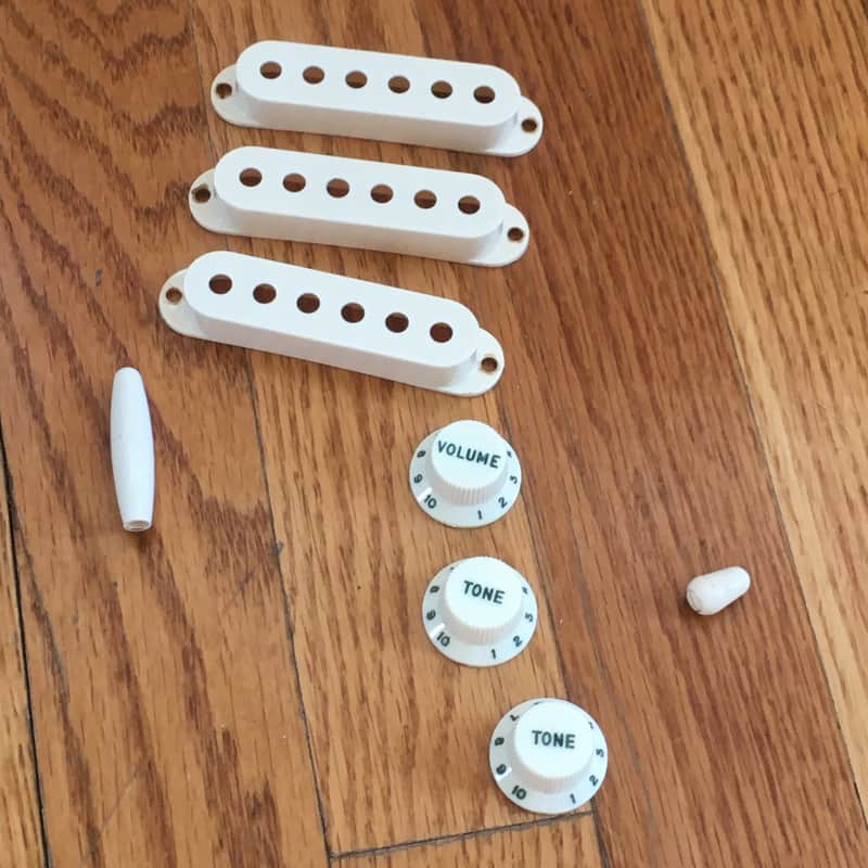 Complete Fender Strat Knobs Pickup Covers Set Light NOS Relic Parchment Green Fonts Numbers image 1