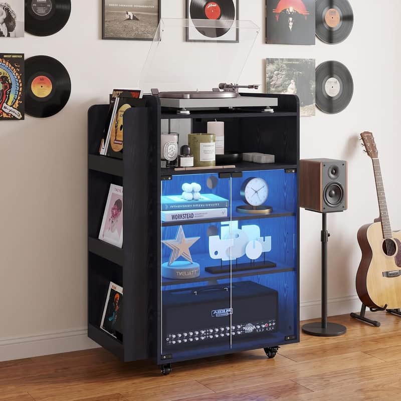 5-Tier Media Cabinet & Vinyl Record Storage Stand w/ RGB LED Lights, Glass Door, Power Outlets & Wheels – Black image 1