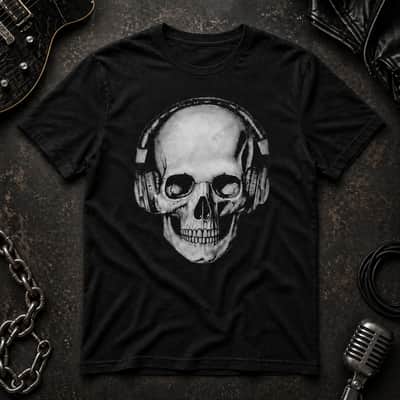 Skull Headphones Graphic Tee Black Rock Music T-Shirt image 2