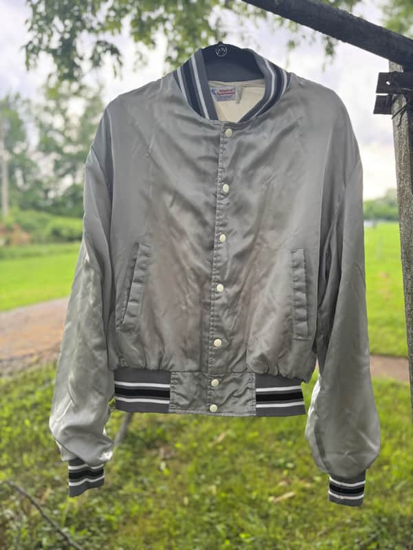 Vintage Shure Brothers Microphone Silver Bomber Jacket size XL 1970s 1980s Very Rare - FREE SHIPPING! image 1