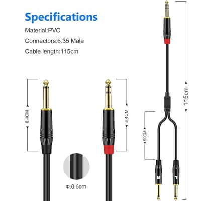1/4 inch TRS Stereo Y Splitter Insert Cable, Gold Plated Audiowave Series 6.35mm 1/4 inch TRS Male to Dual 6.35mm 1/4 inch TS Male Mono Breakout Cable, Audio Cord (6.6FT / 1PACK) image 3