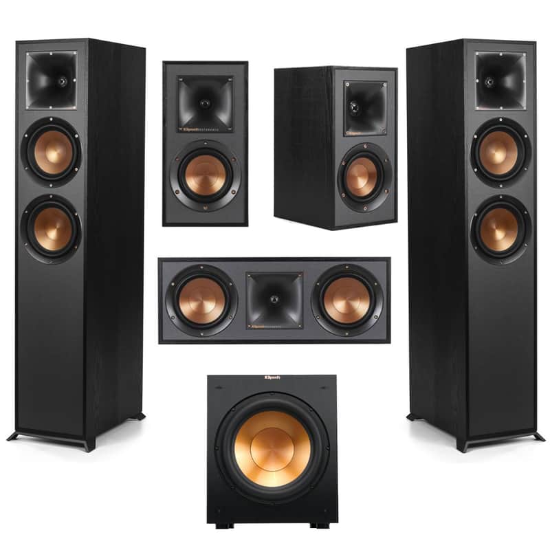Klipsch Reference 5.1 Home Theater Pack with 2x R-620F Floorstanding Speaker, R-12SW Subwoofer, R-52C Center Channel Speaker and 2x R-41M Bookshelf Speaker, Black image 1