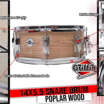 GRIFFIN Snare Drum - 14" x 5.5 Oak Wood Poplar Shell Percussion Head Key Kit Set image 13