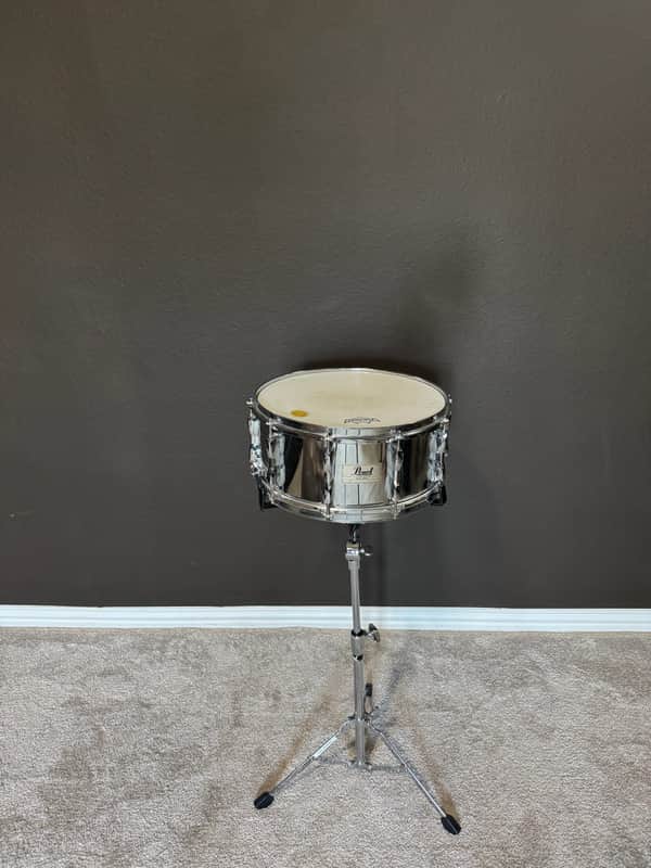 Pearl Export Steel Shell Snare 14” × 6.5” Chrome-plated steel shell 10 lugs Made in Taiwan circa 1996 Standing snare stand included image 1