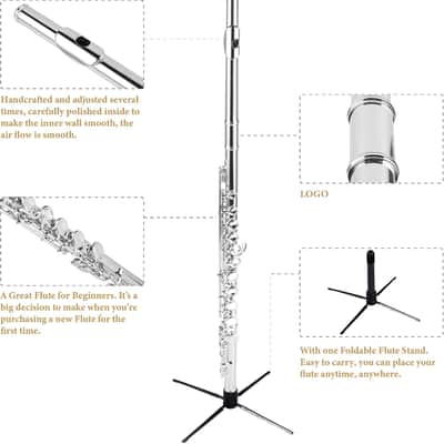 C Flute Closed Hole 16 Keys Flute Nickel-Plated for Beginner, Kids, Student with Carrying case, Metal stand, Gloves, Tuning Rod, Cleaning kit image 3