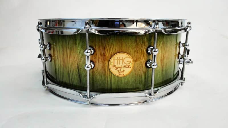 HHG Drums 14x5.5 White Oak Stave Snare, Natural To Green High Gloss Burst image 1
