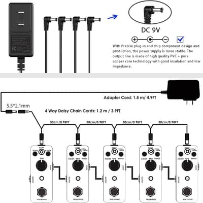 DC 9V Guitar Pedal Power Supply AC Adapter with 4 Way Daisy Chain Power Cord Cables for Pedal Keyboard Tip Negative 800mA-1A (A-P01) image 3