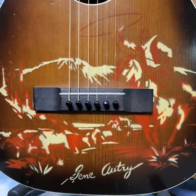 Vintage 1950 Melody Ranch Gene Autry Cowboy Stenciled Parlor Guitar Pro Setup Original Rear Load Soft Shell Case image 4