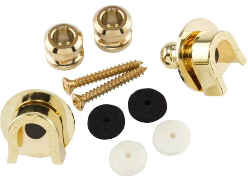 002-2043-049 (2) Fender Guitar Gold Strap Locks & Buttons for Guitar & Bass image 1