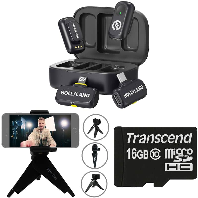 Hollyland LARK A1 Combo 2-Person Wireless Microphone System with USB-C and Lightning Connectors for Mobile Devices (Space Gray, 2.4 GHz) + Vivitar compact Selfie Video Tripod + 16GB Transcend MicroSD Memory Card with Adapter image 1