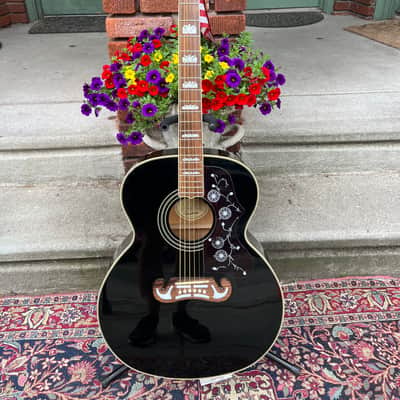 2005 MIK Epiphone EJ-200 EB “Jumbo” Acoustic Guitar ~ Shiny Gloss Ebony Finish, Mustache Bridge, Decorated Fretboard *SALE* image 5