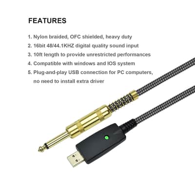 Guitar To Usb Cable Adapter - Usb To 1/4" Ts Electric Bass Guitar Cord For Recording,Quarter Inch Male Jack To Computer Usb Interface,Nylon Braided, Ofc Shield,Plug-And-Play Connection,10Ft image 3