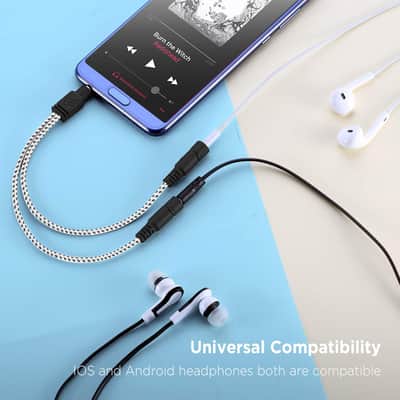 Headphone Splitter, Knitted 3.5mm Audio Splitter TRS 3-Pole Aux Splitter Cable for Headphones Earphones Speakers -Zebra White image 2