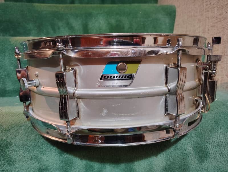Ludwig No. 404 Acrolite 5x14" 8-Lug Aluminum Snare Drum with Pointed Blue/Olive Badge 1969 - 1979 - Matte Aluminum image 1
