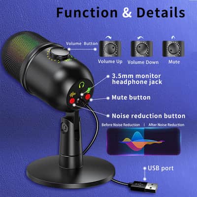 USB Condenser Microphone RGB Vocals Streams Mic Recording Studio Micro for PC YouTube Video Gaming Mikrofo/Microfon image 4