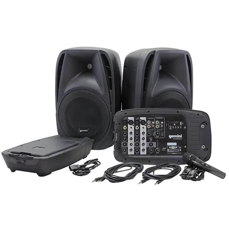 Gemini ES-210MXBLU Professional Audio Portable PA System, Includes 2x 10 600W ABS Passive Speakers, Powered 8-Channel Mixer with Digital Echo, Microp image 1