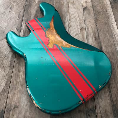 FRANCHIN Jupiter bass body Relic Aged Sherwood Green Metallic over 3-Color Sunburst with Ferrari Red racing Stripe 100% Nitro Lacquer Cracks Alder Precision-Style Made in Italy - Stock piece #23200726 image 2