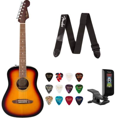 Fender California Standard Redondo Mini with Bag Spruce Sunburst Bundle with Fender Celluloid Guitar Picks, Color Medley Medium 12-Pack, Fender Logo Guitar Strap 2in Logo, Fender Original Tuner Black image 1