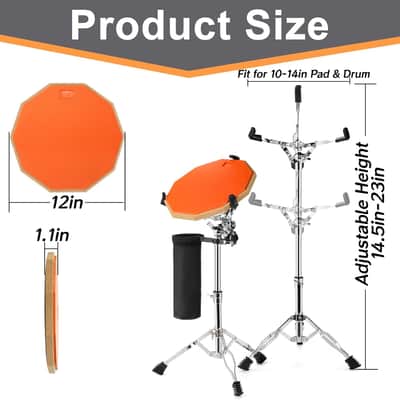Drum Stand with Practice Pad Set - 12" Double Side Silent Drum Pad with Drumsticks, Drumstick Holder and Carry Case, Fits 10''-14'' Drum & Pad, Drum Practice Pad Kit for Adults, Beginners image 2
