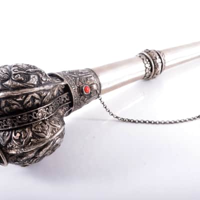 Antique Tibetan Ceremonial Hand Carved Silver Trumpet - Buddhist - Mus. Instrument - Monastery Religious Horn - Artifact - Bone Kangling - Shaman - Nepal image 11