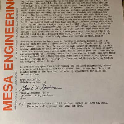 Mesa Boogie Mk II-B Schematic and Letter to Dealer 80’s image 3