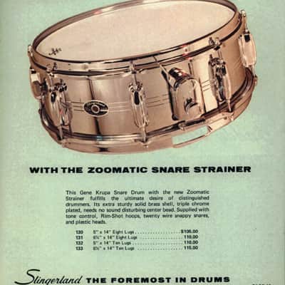 Slingerland -  5x14" Gene Krupa Sound King Snare Drum, 10 Lugs, Trick Strainer, 1970s Chrome over Brass image 3