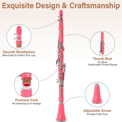 Flat Clarinet for Beginner, Ebonite Bb Clarinet with 2 Replaceable Barrels, 10 Reeds, Stand, Pocketbook, Mouthpiece, Hard Case, Gloves (Pink) Bild 3