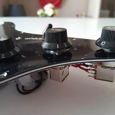Handmade prewired HSH neodymium Strat pickguard with HB split switch TR BL and mid PU cutoff switch. PAF style HB's. image 14