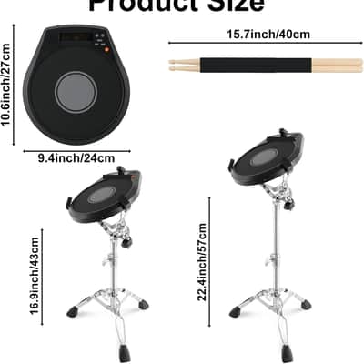 Electronic Practice Drum Pad With Stand, 12 Inches Portable Drum Pad,Silent Drum Electric Drum Pad With Stand,Suitable for Beginners and Professionals,Black image 2