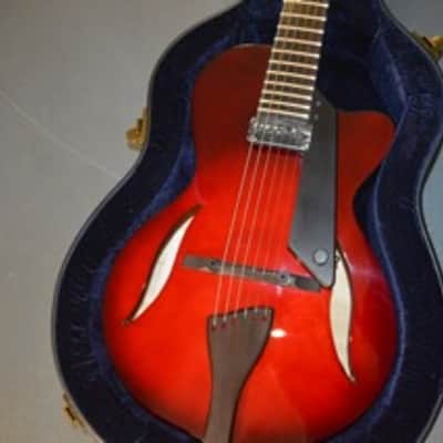 2017 Peerless 12" Serena carved spruce archtop, light travel/ parlor size guitar. Ruby Sunburst, image 3