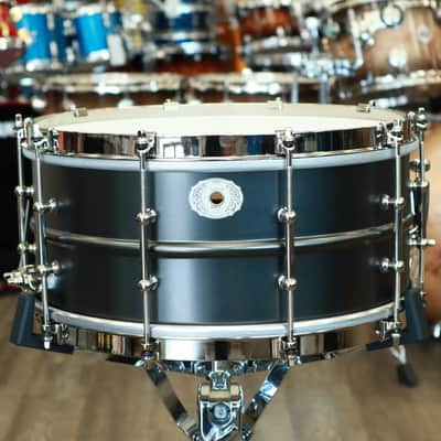 Ludwig 6.5x14" Limited Edition "Satin De Luxe" Snare Drum (Satin Black over Brass, Tube Lugs, Single Flanged Hoop, Nickel Plated Hardware) image 2