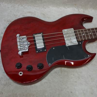 Vintage Brand VS4CR 4 String Short Scale SG bass guitar in cherry red finish - DC mini humbucker EBO image 1