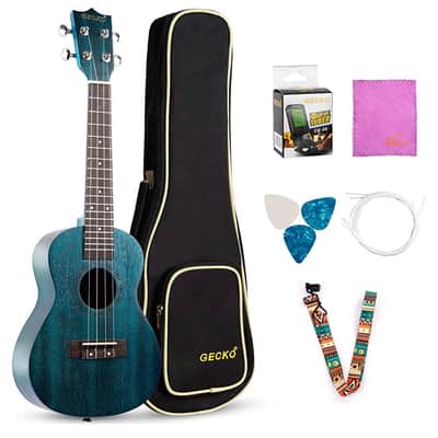 Gecko Ukuele Blue Green Iridescent Concert Starter Kit 23 Inch Mahogany Finish Professional Gecko Ukulele U23MBL 2023 - BlueGecko U23MBL 2023 - Blue Stain image 1