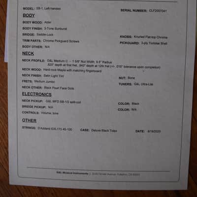 G&L SB-1 , left handed 2020 model, USA made, OHSC & Paperwork, Immaculate image 3