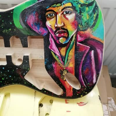 Unique Custom Jimi Hendrix hand painted guitar left handed stratocaster black & natural wood image 2