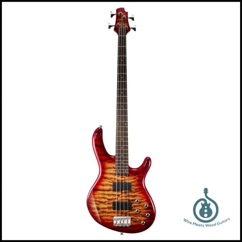 Cort Action Deluxe 4-String Bass, Cherry Red Sunburst, Dual Soapbar Pickups, Maple Top image 1