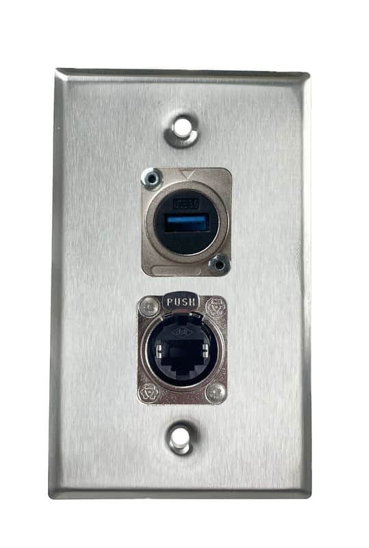 Stainless PROCRAFT SPL-2X-ST-VAR 1 Gang Stainless Pro Audio Installation Wall Plate Loaded, Made in the USA-USB Feed-Thru / RJ45 (CAT 5) Feed-Thru image 1
