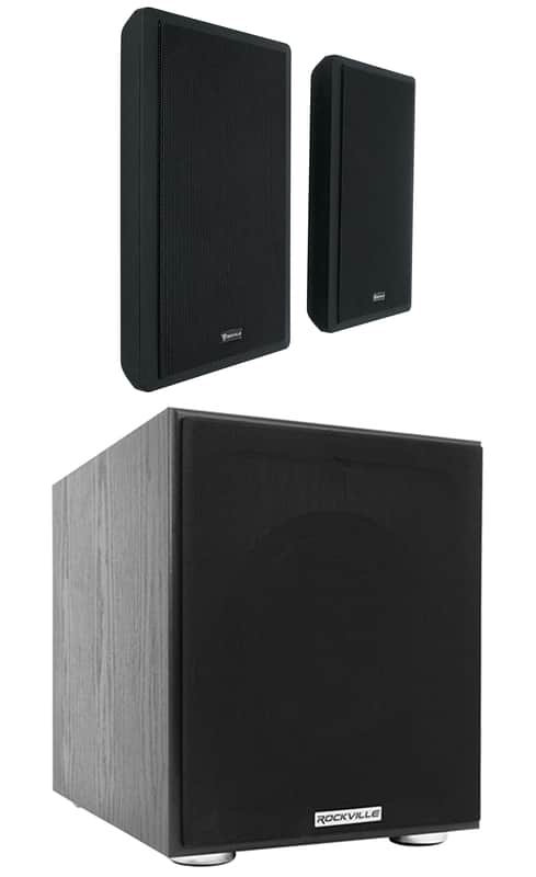2) Rockville RockSlim Black Home Theater 5.25" 240w Wall Mount Slim Speakers+Sub image 1