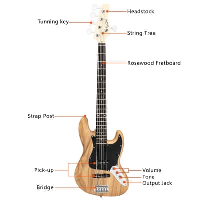 Glarry Burlywood GJazz Electric Full Size 5 String Bass Guitar image 5