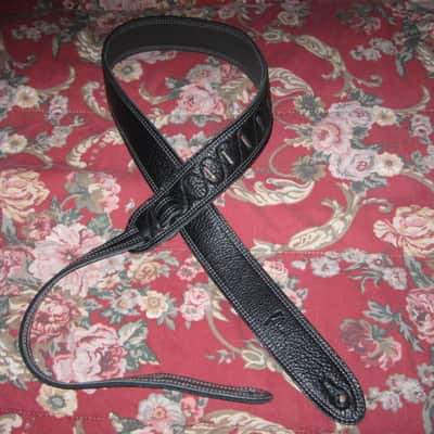 new old stock (no tags) near A+ Perri’s Leathers Ltd BM2DS Guitar Strap, 2" Reversible Black / Gray Italian Premium Leather Guitar Strap, with white double stitching, entire strap is leather padded, Adjustable Length from 42" to 56" image 1