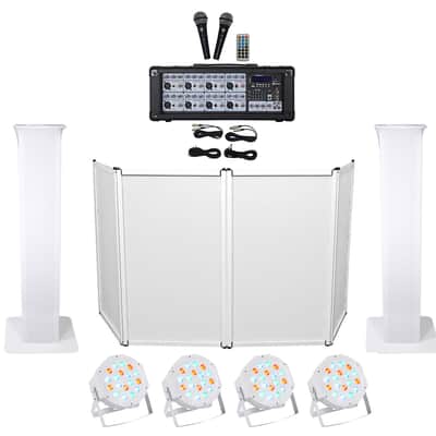 DJ Package w/(2) 12" Speakers+Bluetooth Mixer+Mics+Totem Stands+Facade+Lights image 1