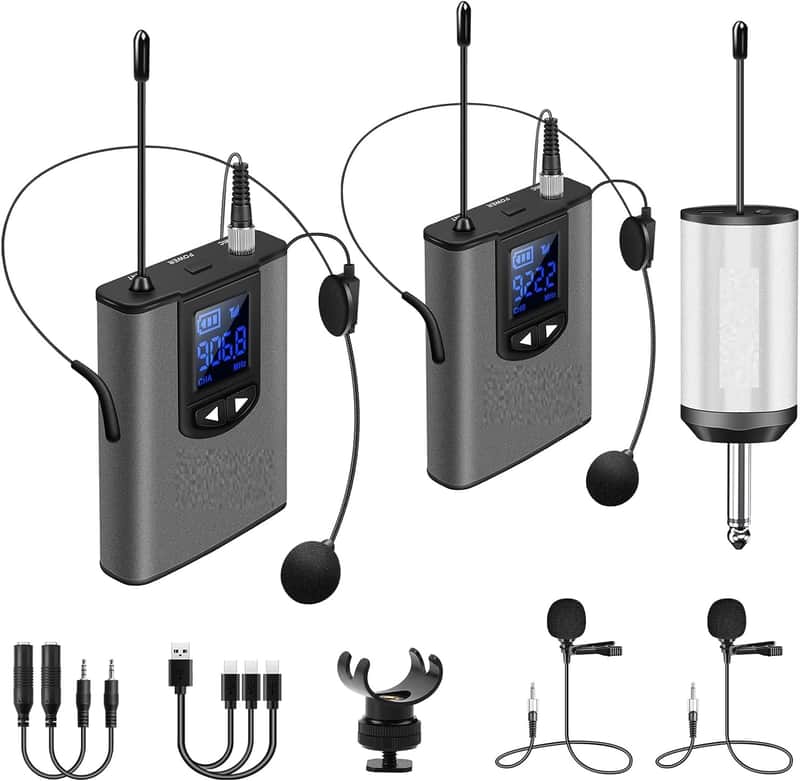 Wireless System with Dual Headset Microphones/Lavalier Lapel Mics and Bodypack Transmitters and One Mini Rechargeable Receiver 1/4" Output, for Live Performances image 1
